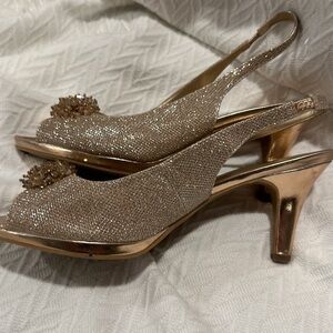 Women’s Rose Gold size 10 peep toe sparkly sling back heels